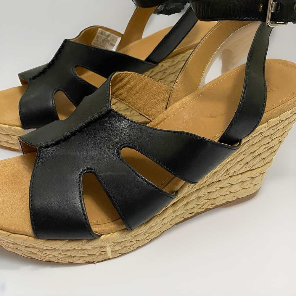 UGG Careena Black Leather Wedge Espadrille Sandals - Size 8.5 - Picture 6 of 8